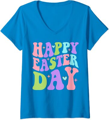 Groovy Happy Easter Day 2024 Bunny Floral Hunting Ladies' V-Neck Tshirt
