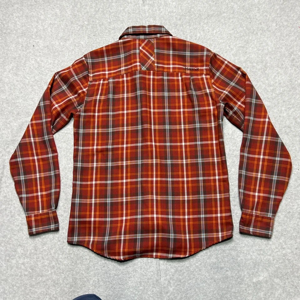 Marmot Shirt Mens Small Red Orange Plaid Button Up Polyester Wool Blend Outdoor - Image 3 of 4