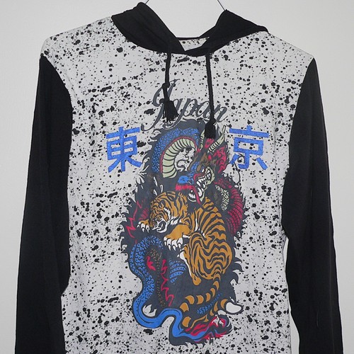 ROLLING PAPER PULLOVER HOODIE Sz L BLACK WHITE PAINT SPLATTER SKATE TIGER DRAGON - Picture 8 of 13