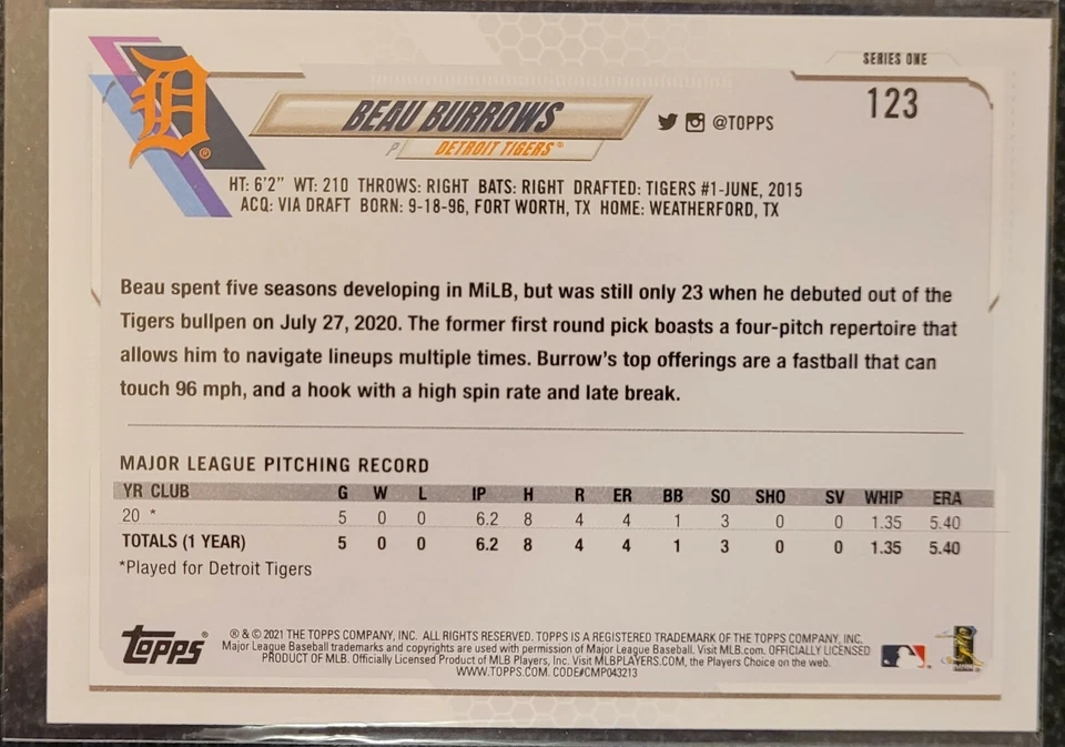 2021 Topps Employee Edition Beau Burrows RC Rare Parallel #123 Tigers - Image 2 of 2