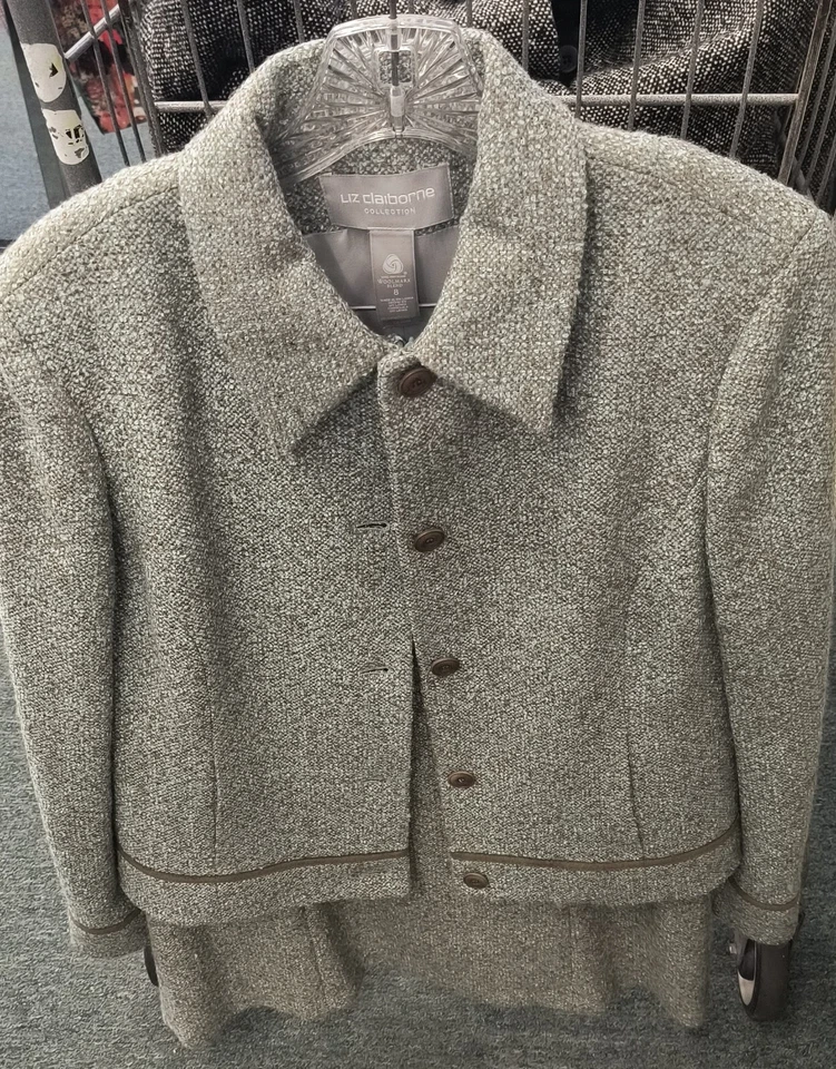 Liz Claiborne 2 Piezas Moda Lana Tweed Traje Conjunto Verde Gris Talla 8 Mujer Vestido Foto 3 de 4