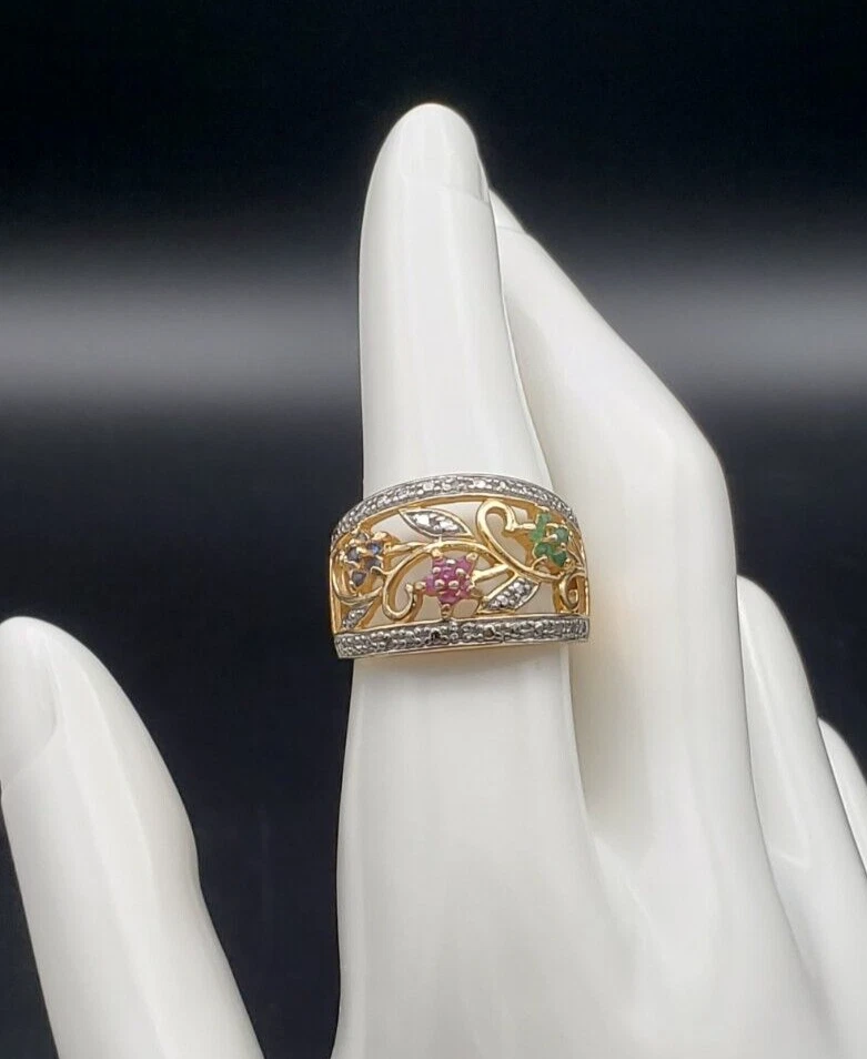 Anel Ross Simons rubi esmeralda espinélio ouro sobre prata esterlina 925 tamanho 7,75 - Imagem 3 de 4
