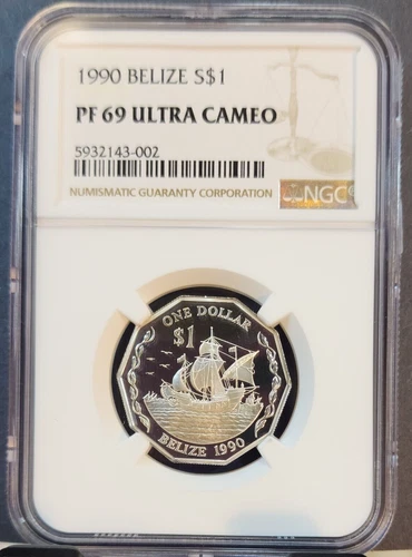 1990 BELIZE SILVER 1 DOLLAR SANTA MARIA NGC PF 69 ULTRA CAMEO SCARCE