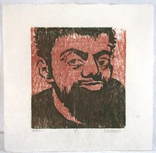 Print by L. Evenson Titled man 1/1 Signed Woodcut Red & Black