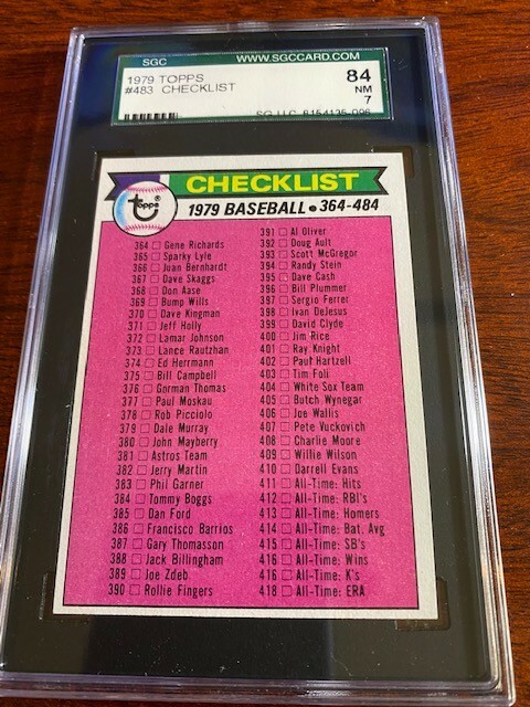 1979 Topps #483 Checklist. SGC 84 NRMT