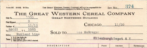 1920 The Great Western Cereal Company Great northern Building CHICAGO IL