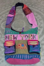 Boho Hobo Multicolor Cotton Shoulder Bag NEW YORK Theme Preowned Coconut Buttons