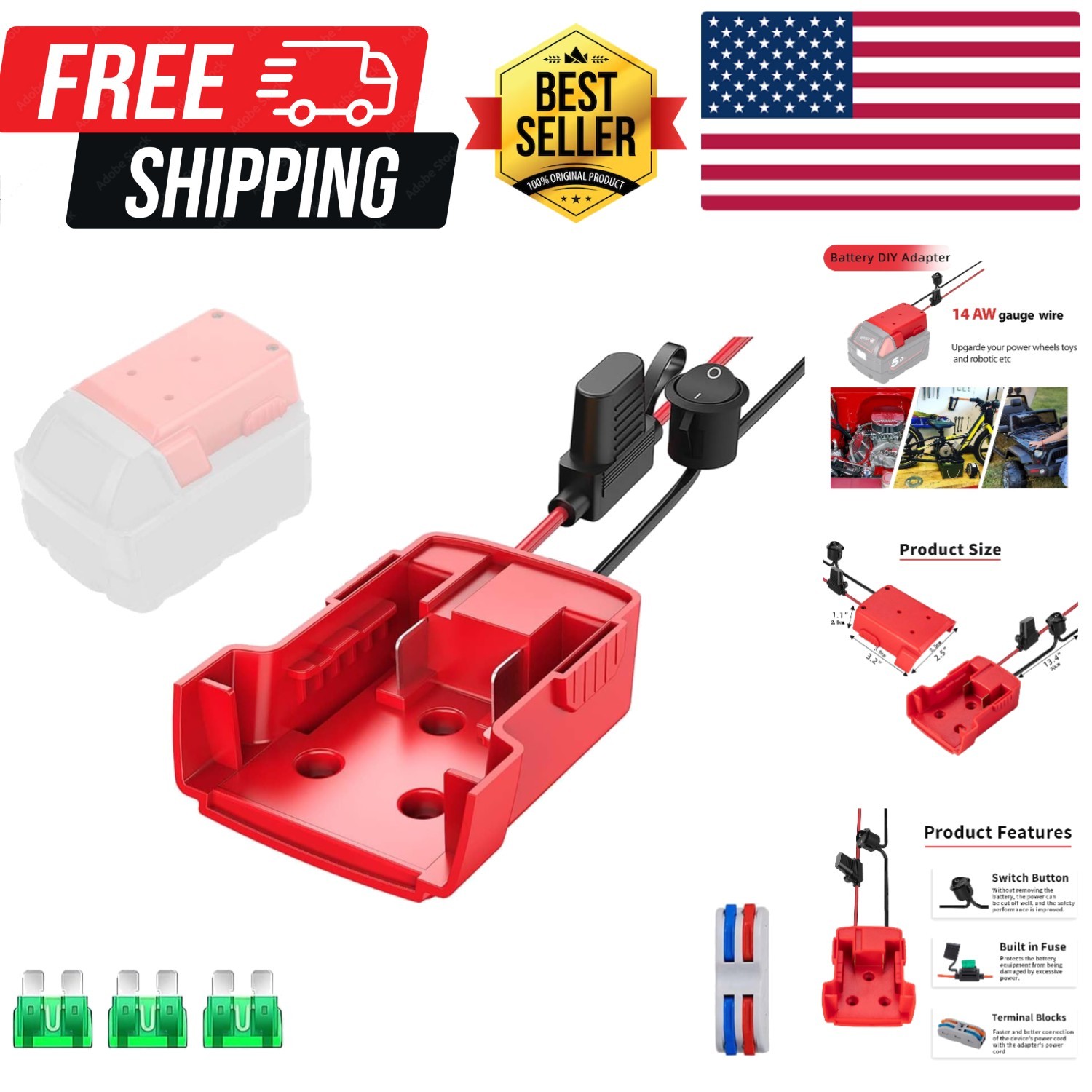 Power Wheel Adapter Set for Milwauke 18V Battery with 14AWG Wire for Robotics...