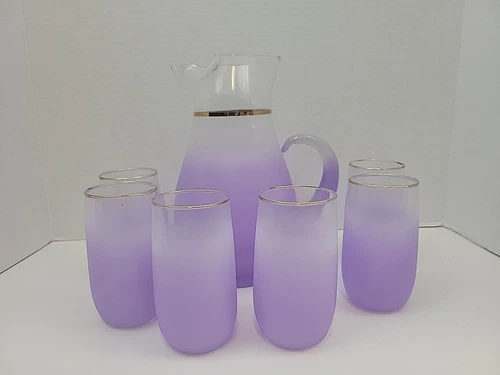 West Virginia Glass Mid Century Blendo Orchid Pitcher & Glasses six piece set