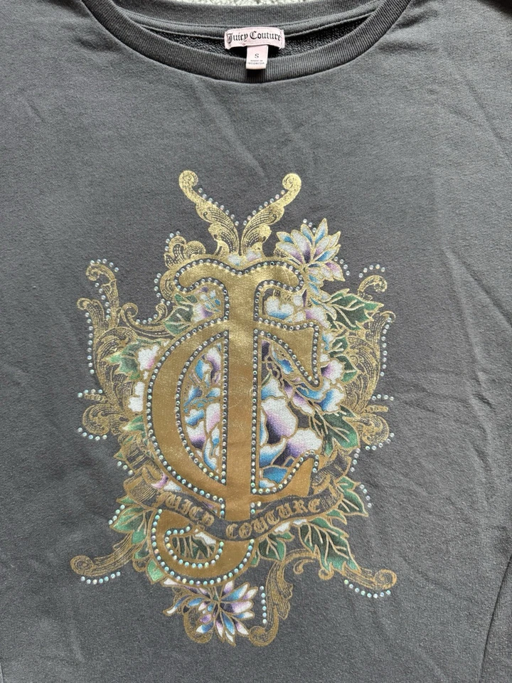 YTG Y2K Juicy Couture Gray Sweatshirt Gem Embellished Gold Metallic Floral Sz S - Image 2 of 4