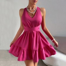 Sexy Women Rose Red Halter Neck Mini Dress Ruffle A-Line High Waist Summer Party