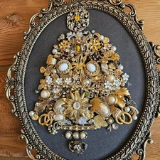 Vintage Jewelry Art Christmas Tree Gold,Rhinestones,and Amber Jewelry. 12"x 17 "
