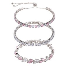 3Pcs Tennis Bracelet, Adjustable Stackable Tennis Bracelet with Box(White/Pink)