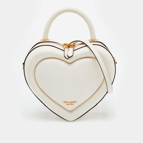 Kate Spade Off White Leather Pitter Patter 3D Heart Top Handle Bag