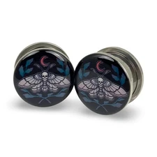 Pair of Screw on Death Moth Picture Plugs gauges 16g to 1 inch