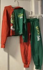 Justice Grinch Large Red Green Sweatsuit Set Pants Sweatshirt Sequins Small/med