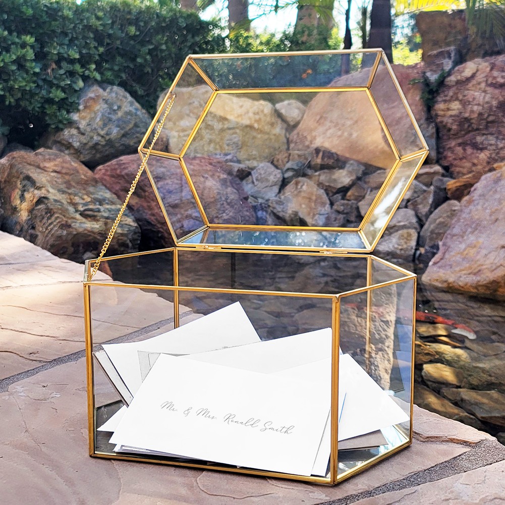 OnDisplay Luxe Gold Frame Glass Wedding Card Box w/Lid - Gift/Money Keep Box