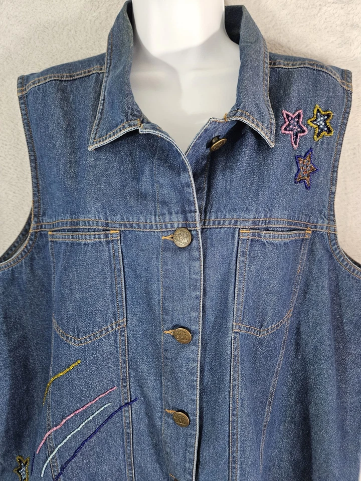 Quacker Factory Denim Vest Womens Large Embroidered Stars Button Up Jean Jacket - Image 4 of 4