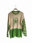 Vintage Long Sleeve Top Stripe Green Cream Flower Graphic Design Cotton Size XL