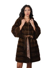 Long Flared Fur Coat 96cm Hood Scanbrown Brown Fur...