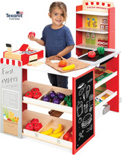 Pretend Play Grocery Store Wooden Supermarket Toy Set for Kids W/Play Food, Chal
