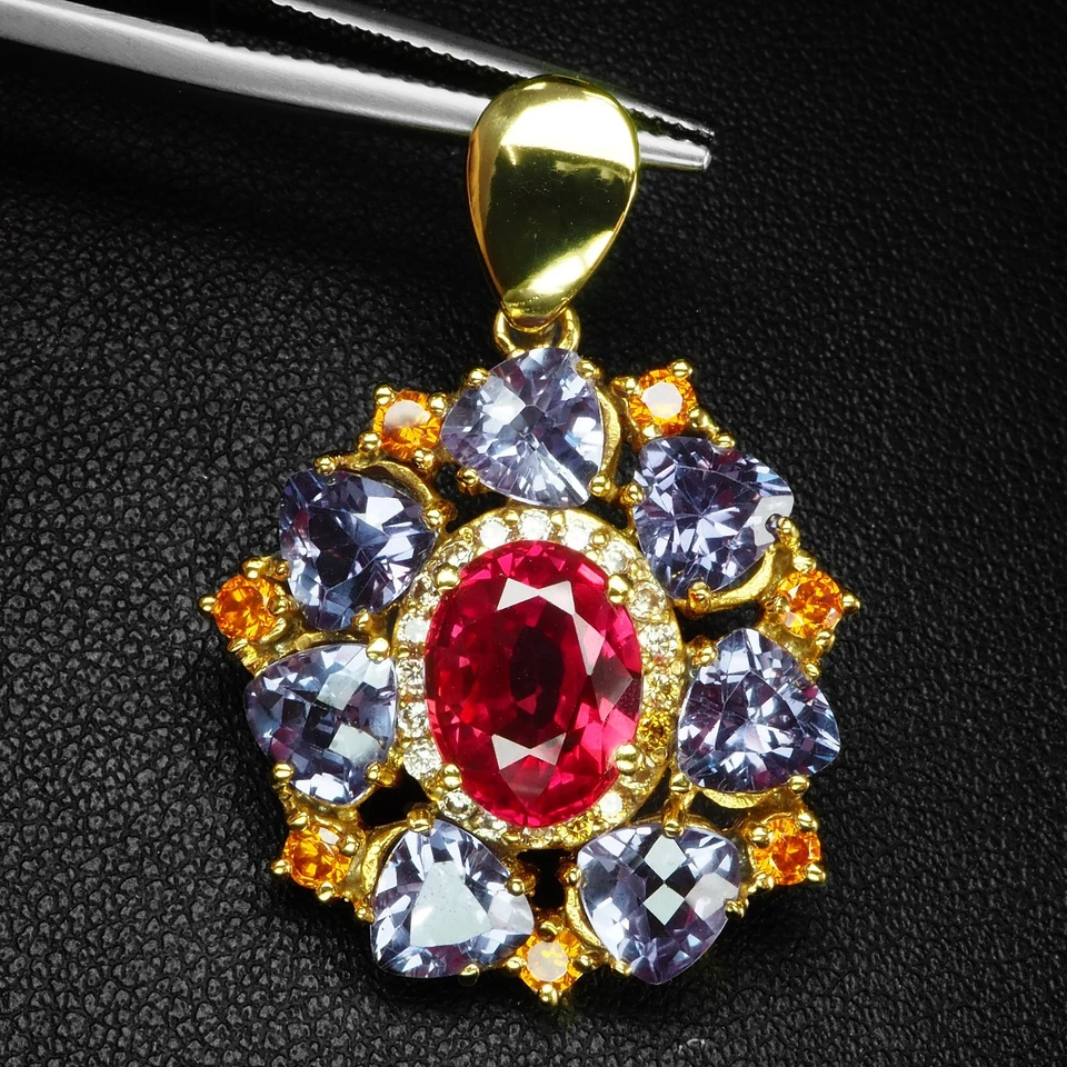 Ciondoli glamour spinello rosso vivo in argento sterling 925 placcato oro... - Immagine 2 di 4