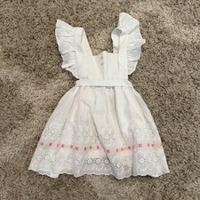 Vintage Girls Smock Apron Style Dress White Pink Floral Lace Eyelet Trim 70s