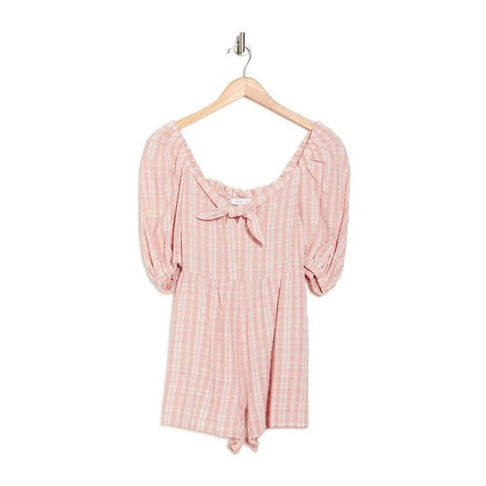 Topshop Peasant Tie Front Short Sleeve Romper Pink White Check Size 2 MSRP $68 - Image 4 of 4