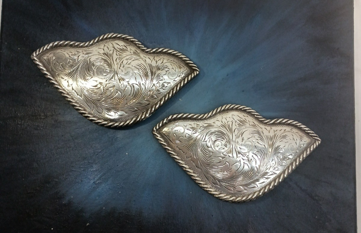 (2) Jalisco 925 Sterling Silver Western Saddle Corner Plates Floral Engraved