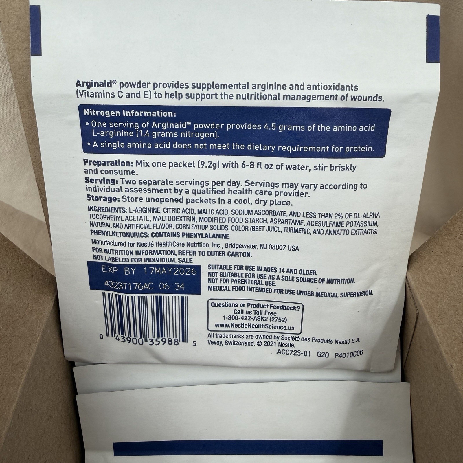 Nestle Arginaid Oral Supplement Cherry 0.32 oz. Packet 14 Ct