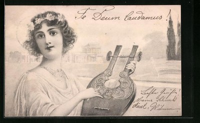 Artist Postcard M. Munk No. 109: A Young Woman with Her Instrument in the Park 1903 