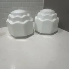 Pair Vintage Antique Milk Glass Tiered Skyscraper Shades 8” x 7” w/ 3.75” Fitter