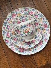 Vintage Crown Staffordshire Bone China Tea Trio Floral Cup, Saucer, Luncheon