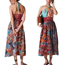 Love the Label Floral Patchwork Print Halter Backless Cotton Midi Dress Small 