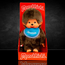 8" Large Monchhichi Doll - Classic Boy, Blue Bib - Authentic Monkey Plush, NWT