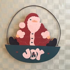 Santa Christmas Joy Wood Hand Painted Metal Sign Hang 10.5" x 10.5" Vintage