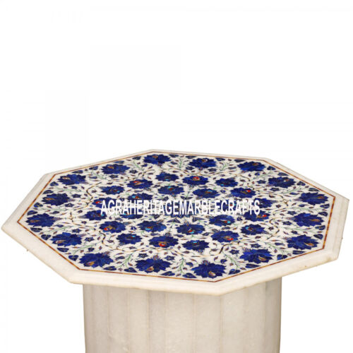 White Marble Coffee Table with Stand Lapis Lazuli Flowers Marquetry Inlay Decorations-