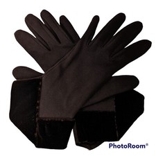 Ladies Gloves Size Small Brown Knit Fabric Velvet Trim Soft Stretchy