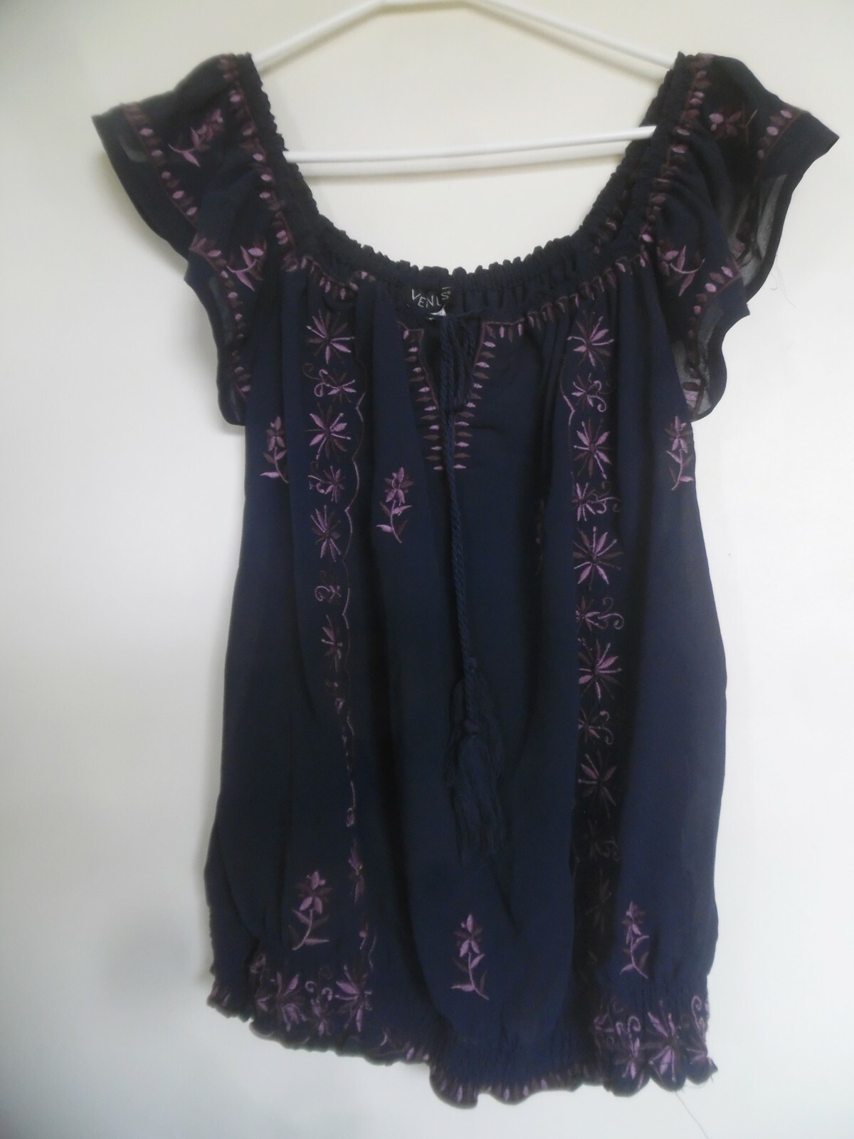 VENUS Navy Embroidered Hippie Boho Peasant Top Size S