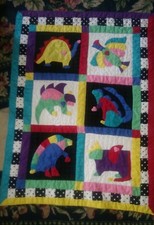 Guc vintage crib or lap quilt bright color dinosaur quilt black white wow