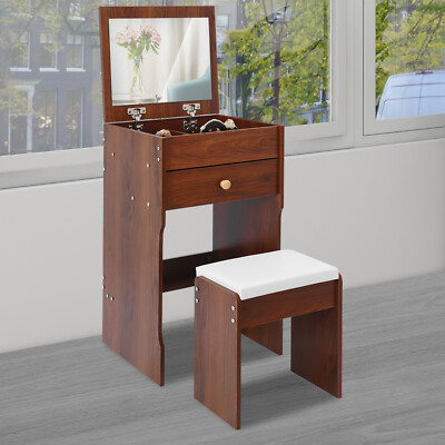 Walnut Color Vanity Table with Mirror, Mini Makeup Vanity with Drawer&Stool