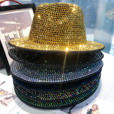 1PC Faux Wool Rhinestone Top Hat Shiny British Wide Brim Cap Jazz Dance ...