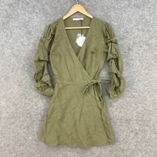 NEW Atmos & Here Womens Dress Size 10 green Wrap Ruffle Sleeve Khaki Tie 12735