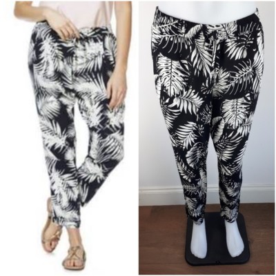 NEW EX F&F BLACK Leaf Print Tapered Trousers Casual Holiday