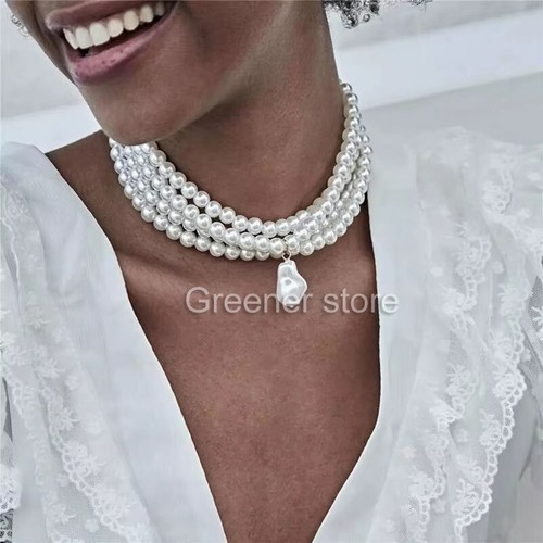 Women Multilayer White Imitation-Pearl Choker Fashion Wide Bib Necklace Jewelry - Picture 13 of 14
