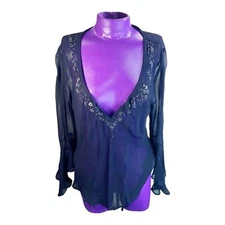 Karavan black sheer deep vneck vintage beaded rayon long sleeve blouse M