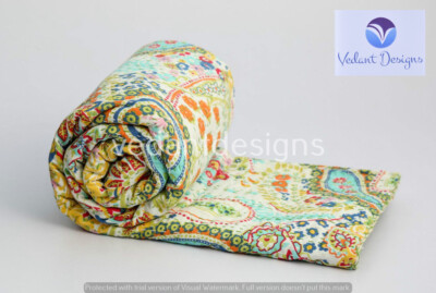 Indian Art Kantha Twin Quilt Handmade Paisley Print Reversible Blanket Throw