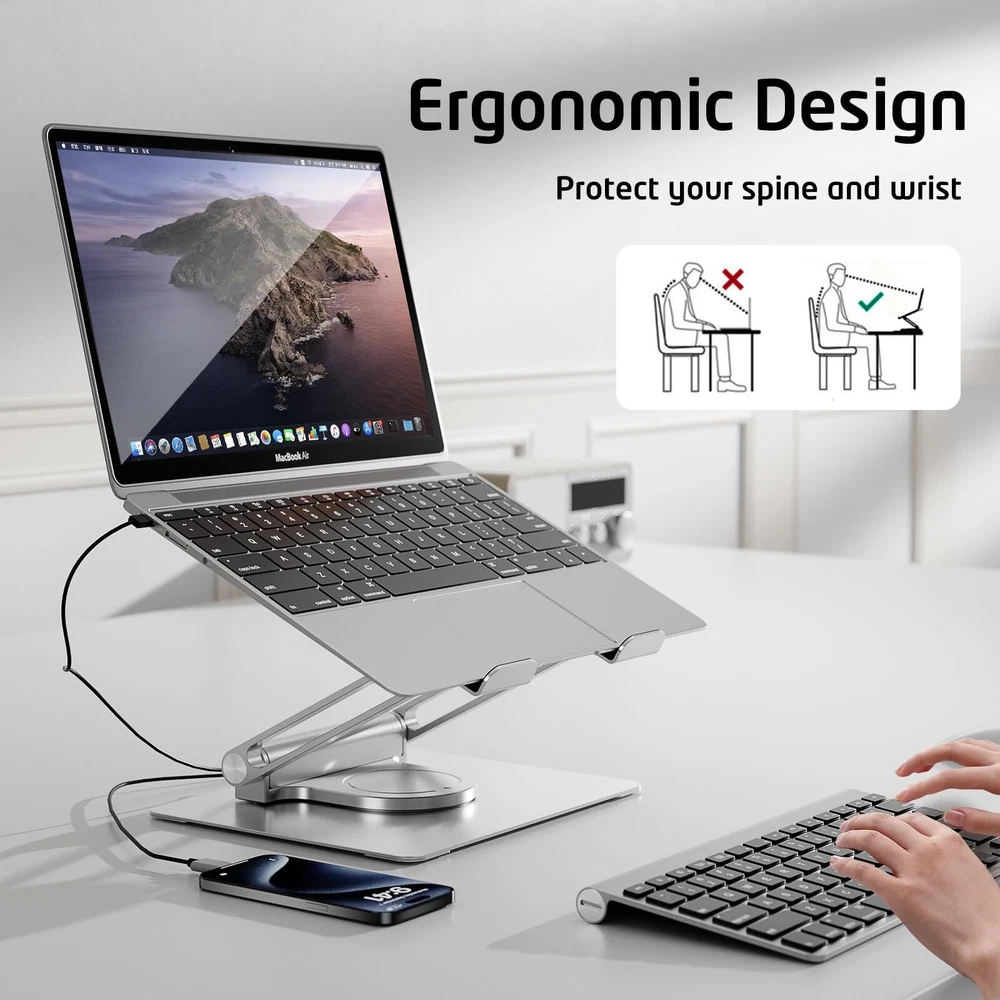 Adjustable Aluminum Laptop Stand with USB-C and USB-A Ports for Desk