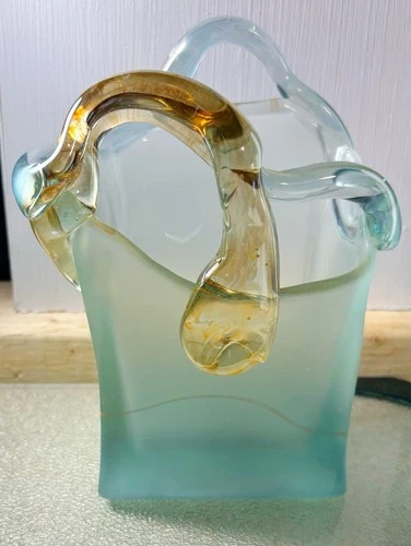 Vintage Murano Like Handmade Art Glass Purse / Basket with Handle