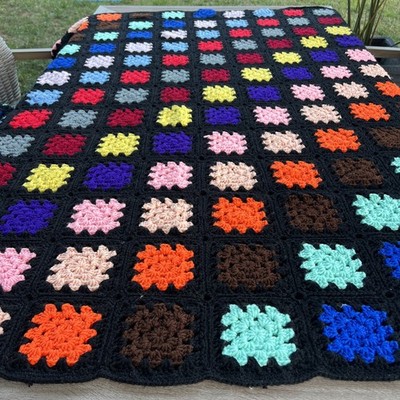 Vintage Handmade Crocheted Granny Square multicolor Motifs Blanket 66x 66